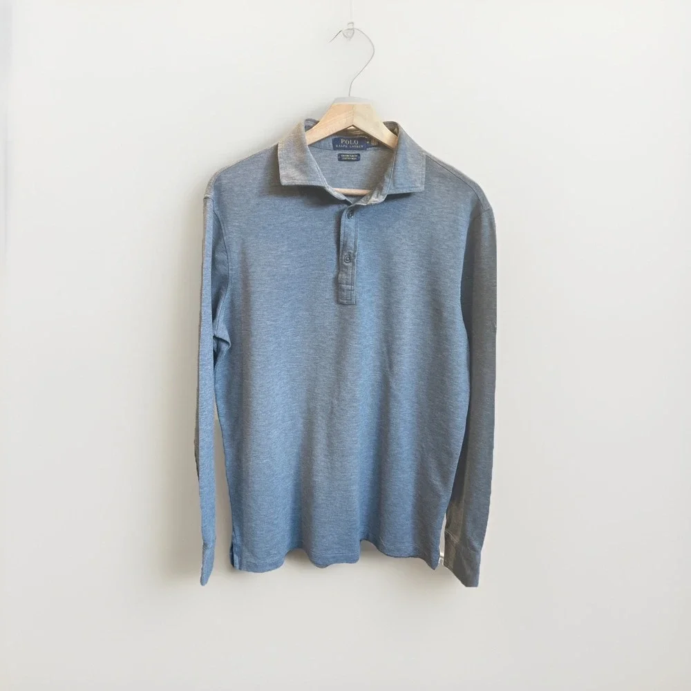 Polo Ralph Lauren Mens Gray Slim Fit Long Sleeve‎ Polo Shirt Preppy Classic